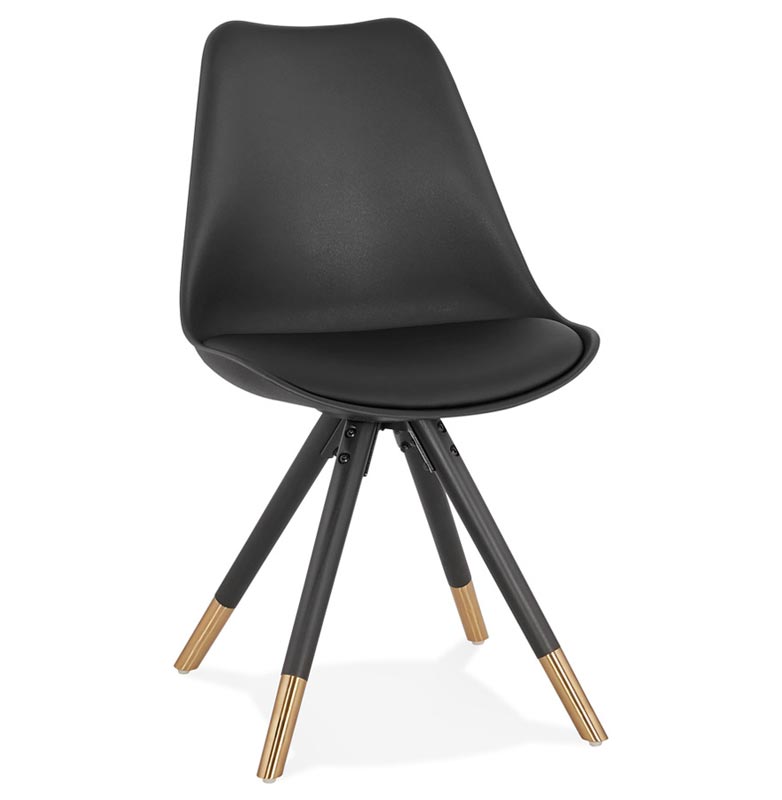 Chaise design 'Modena' noire avec 4 pieds en bois noir et métal brossé doré