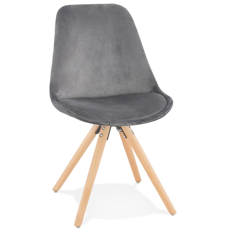 Chaise design 'Firenza' en velours grise avec 4 pieds en bois naturel