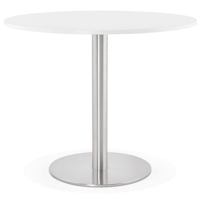 Petite table / table de réunion ronde 'Kara' blanche en bois pied central acier brossé - Ø 90 cm