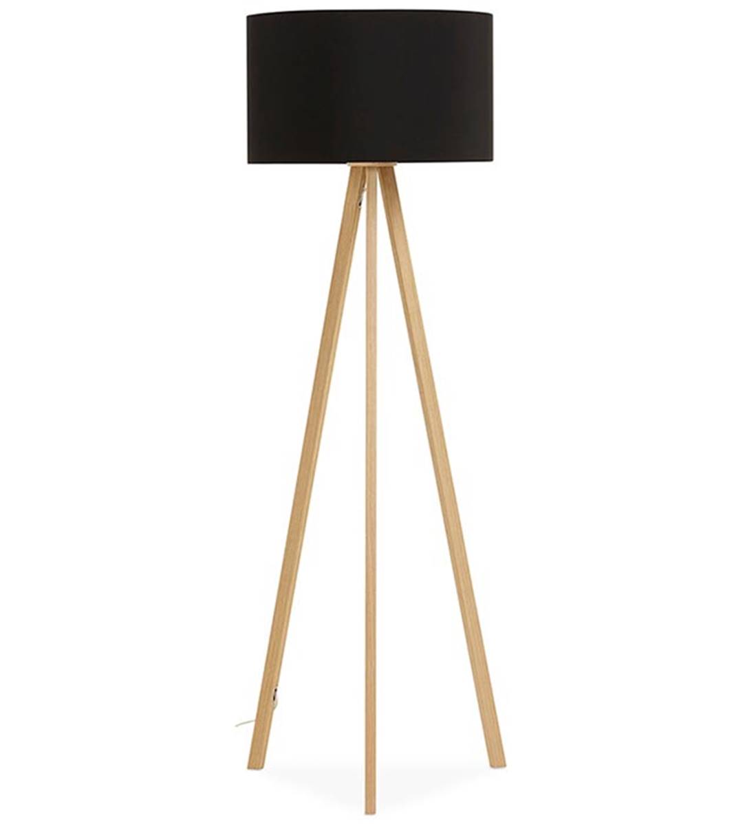 Lampadaire trépied scandinave Stätiv abat jour rond tissu noir 3 pieds en  bois de salon lampe de sol