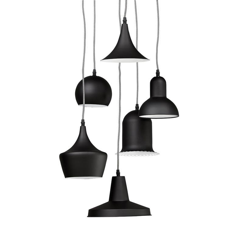 Suspension multiple 'Ursprung' 6 abats-jour différents en métal noir à hauteur variable