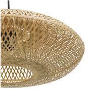 Suspension design ronde 'FLAT BALL' abat jour en bambou structure en métal noir réglable - Ø 50 cm