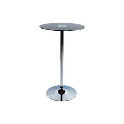 Table de bar haute design ronde 'Pub' en verre transparent noir avec pied central en métal chromé