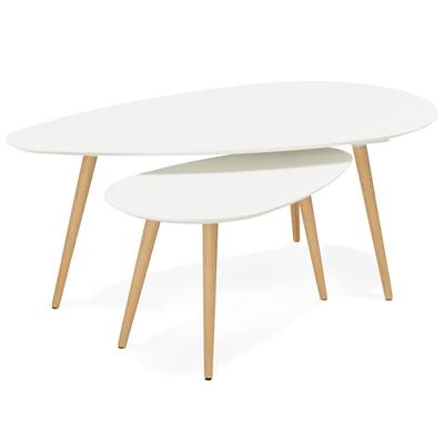 Tables basses scandinaves gigognes ovales 'Sisko' plateau bois blanc 3 pieds en bois - 116 x 66 cm