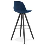 Tabouret de bar 'BLACK CIRCLE' velours bleu 4 pieds bois noir repose pieds métal chromé dossier haut