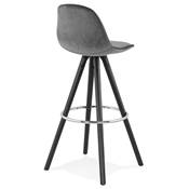 Tabouret de bar 'BLACK CIRCLE' velours gris 4 pieds bois noir repose pieds métal chromé dossier haut