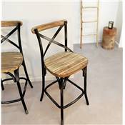 Tabouret de bar vintage 'MAKINA' bois finition noyer effet vieilli 4 pieds métal noir dossier haut