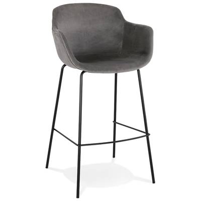 Tabouret de bar design à accoudoirs moderne 'CARINO' en velours gris avec 4 pieds en métal noir