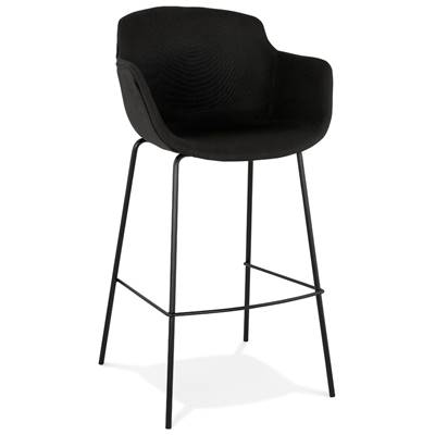 Tabouret de bar design à accoudoirs moderne 'CARINO' en tissu noir avec 4 pieds en métal noir