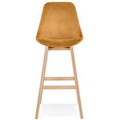 Tabouret de bar design scandinave 'CHAIRMAN' en velours moutarde 4 pieds bois naturel dossier haut