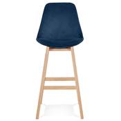 Tabouret de bar design scandinave 'CHAIRMAN' en velours bleu 4 pieds en bois naturel et dossier haut
