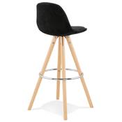 Tabouret bar scandinave 'CIRCLE' velours noir 4 pieds bois naturel repose pieds chromé dossier haut