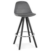 Tabouret snack mi-hauteur 'BLACK CIRCLE MINI' velours gris 4 pieds bois noir et chromé dossier haut