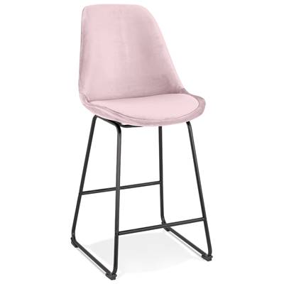 Tabouret de snack mi-hauteur 'GUSTO MINI' velours rose pieds tréteaux en métal noir dossier haut