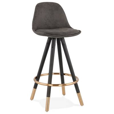 Tabouret snack mi-hauteur design 'MODEN MINI' microfibre grise 4 pieds bois noir et doré dossier haut