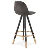 Tabouret snack mi-hauteur design 'MODEN MINI' microfibre grise 4 pieds bois noir et doré dossier haut