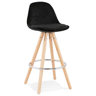 Tabouret snack mi-hauteur scandinave 'CIRCLE MINI' velours noir 4 pieds bois et chromé dossier haut