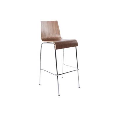 Tabouret de bar design 'Kadra' en bois noyer avec 4 pieds en métal chromé et dossier haut