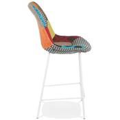 Tabouret de snack mi-hauteur 'KESKI MINI' tissu patchwork mulitcolor 4 piedsmétal blanc dossier haut