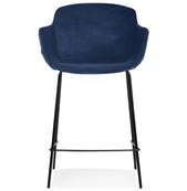 Tabouret de snack design à accoudoirs 'CARINO MINI' en velours bleu 4 pieds métal noir dossier haut