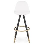 Tabouret de bar 'Moden' tissu bouclé blanc 4 pieds bois noir repose pieds et pieds doré dossier haut