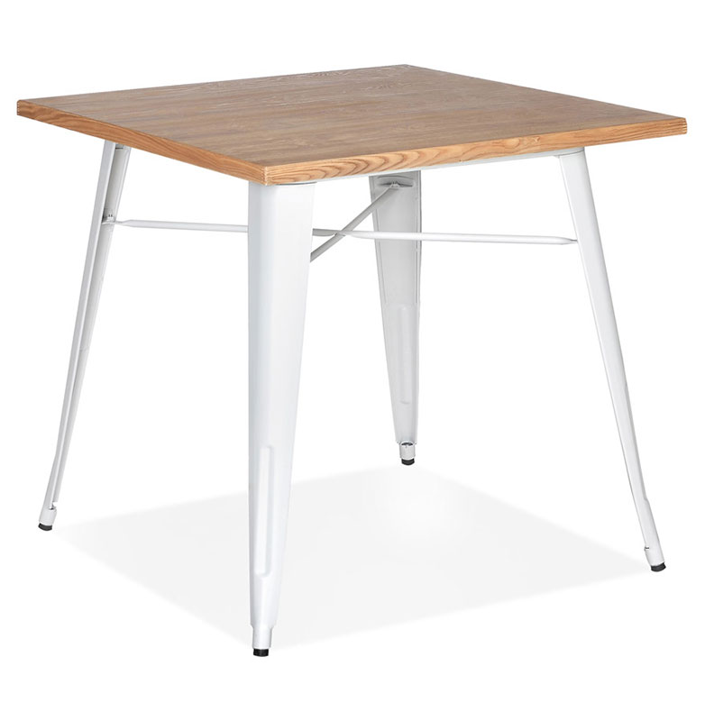 Table de salle à manger carré style industriel 'ORIANE' avec plateau bois naturel et pieds en métal blanc - 76 x 76 cm