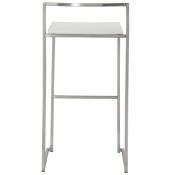 Tabouret de bar empilable design carré 'Iron' blanc avec pieds en métal brossé et dossier bas