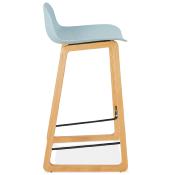 Tabouret de snack mi-hauteur design scandinave 'Skala' bleu pieds tréteaux bois naturel dossier bas