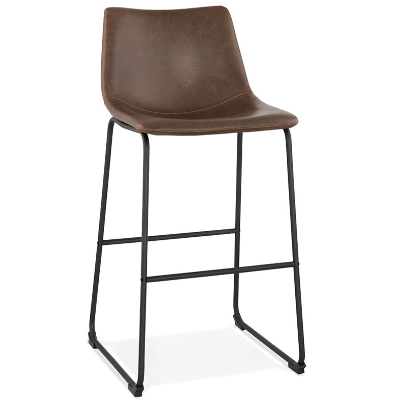 Tabouret de bar design 'Klub' marron avec 4 pieds et repose pieds en acier noir et dossier haut