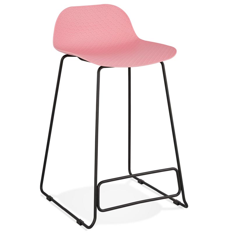 Tabouret de snack mi-hauteur 'Steelblack Mini' rose repose pieds tréteaux métal noir dossier bas