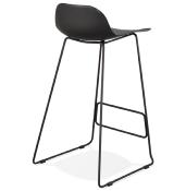 Tabouret de bar design 'Steelblack' noir pieds tréteaux et repose pieds en métal noir dossier bas