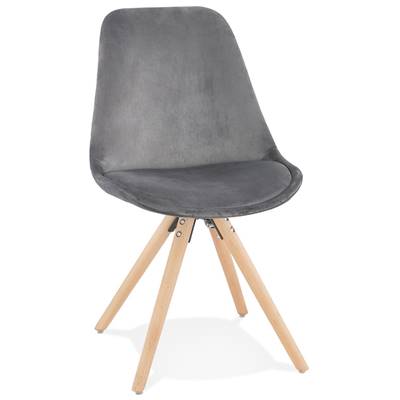 Chaise design 'Firenza' en velours grise avec 4 pieds en bois naturel