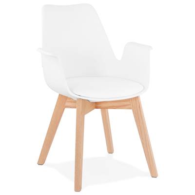 Chaise style scandinave design à accoudoirs 'PRINS' blanche avec 4 pieds en bois naturel