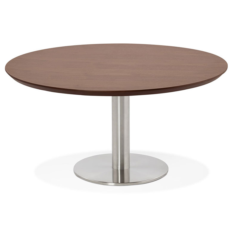 Table basse design ronde 'ELEA MINI' plateau en noyer et pied en acier brossé - Ø 90 cm