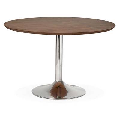 Table / table de réunion design ronde 'Mandlar' plateau noyer pied central métal chromé – Ø 120 cm