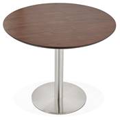 Petite table à diner / de bureau ronde 'Elea' plateau noyer pied central acier brossé - Ø 90 cm