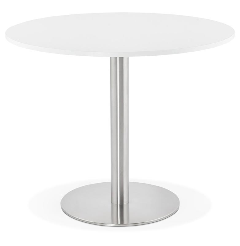 Petite table / table de réunion ronde 'Kara' blanche en bois pied central acier brossé - Ø 90 cm