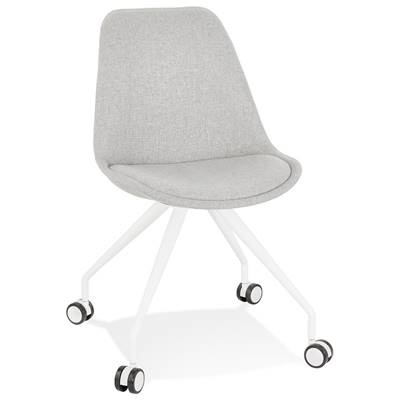 Petite chaise de bureau design à roulettes dossier bas 'SIMPLE' en tissu gris pieds en métal blanc