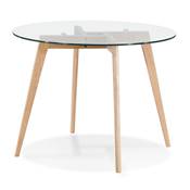 Petite table à diner ronde scandinave 'LITEN' plateau en verre et 4 pieds bois naturel - Ø 100 cm