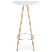 Table de bar haute design ronde 'ASTER' en bois blanc avec 4 pieds en bois naturel et métal chromé