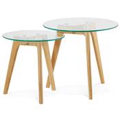 Tables basses scandinaves gigognes rondes 'Mukavä' plateau en verre 3 pieds en bois - Ø 50 cm