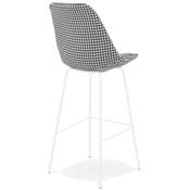 Tabouret de bar 'KESKI' en tissu pied de poule 4 pieds et repose pieds en métal blanc dossier haut
