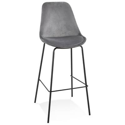 Tabouret de bar baroque 'KESKI' en velours gris 4 pieds et repose pieds en métal noir dossier haut