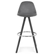 Tabouret de bar 'BLACK CIRCLE' velours gris 4 pieds bois noir repose pieds métal chromé dossier haut