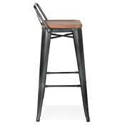 Tabouret de bar design industriel carré 'METALLO' assise bois avec dossier 4 pieds métal gris foncé