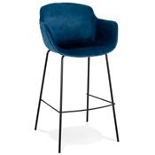 Tabouret de bar design à accoudoirs moderne 'CARINO' en velours bleu avec 4 pieds en métal noir