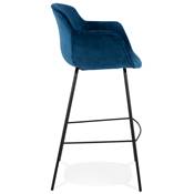 Tabouret de bar design à accoudoirs moderne 'CARINO' en velours bleu avec 4 pieds en métal noir