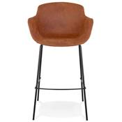Tabouret de bar design à accoudoirs moderne 'CARINO' en microfibre marron avec 4 pieds en métal noir