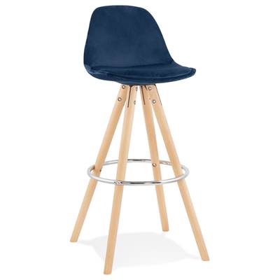 Tabouret bar scandinave 'CIRCLE' velours bleu 4 pieds bois naturel repose pieds chromé dossier haut