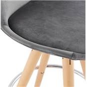 	Tabouret bar scandinave 'CIRCLE' velours gris 4 pieds bois naturel repose pieds chromé dossier haut